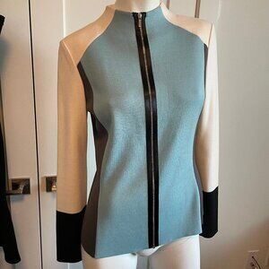 St. John Colorblock Full Zip Wool Rayon Knit Cardigan Blue Cream Grey Blk Sz 4